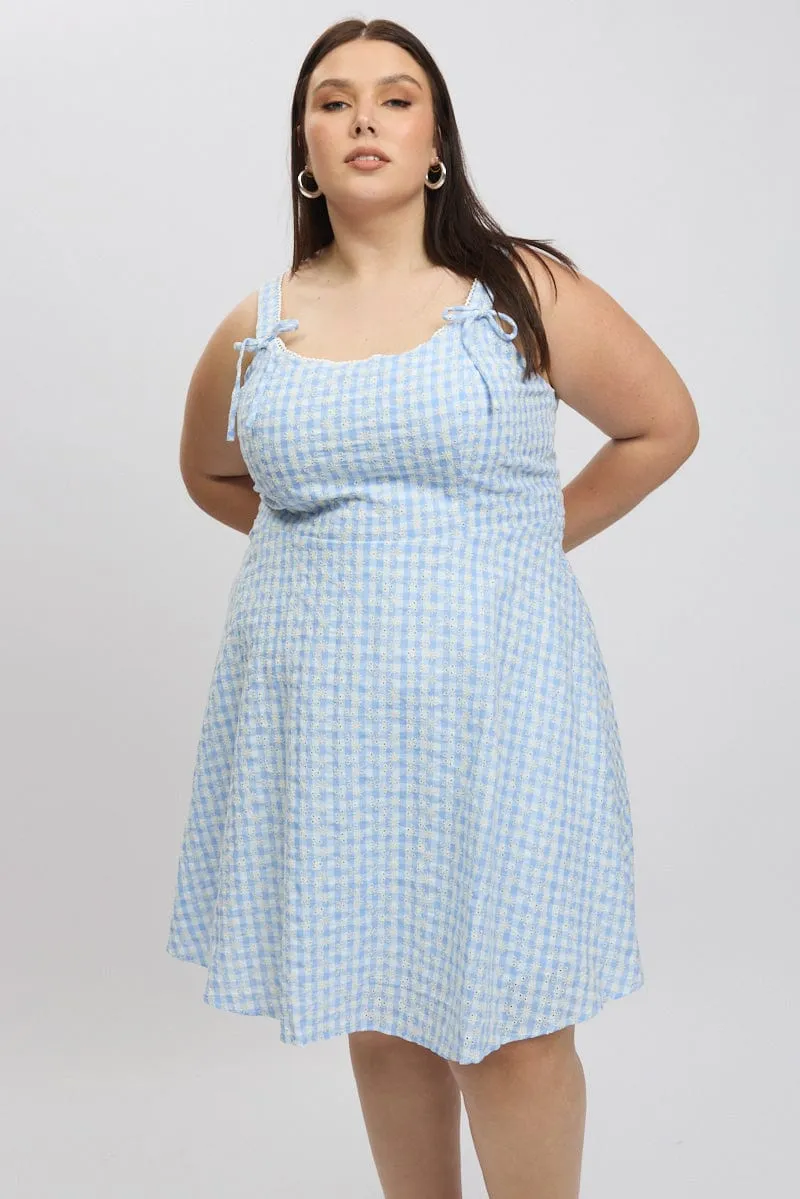 Blue Check Gingham Embroidered Mini Dress Night Edge Show Glow