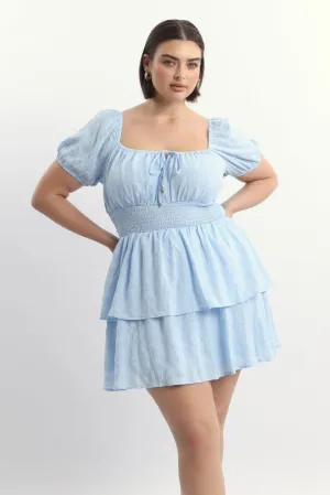 Blue Textured Shirred Waist Mini Dress Multi Way Tying Option Party Snap