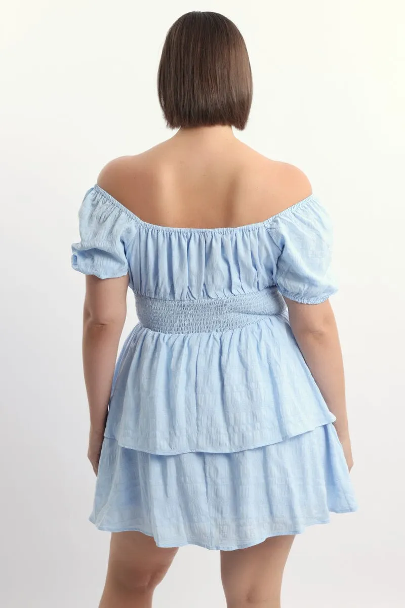 Casual chic style Keyhole Neckline Style Blue Textured Shirred Waist Mini Dress
