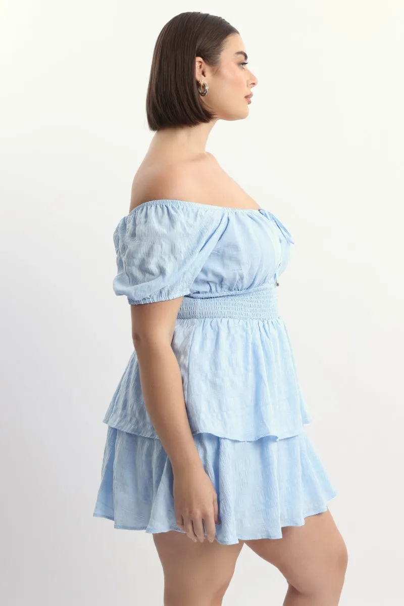 Easy-care playful dress Blue Textured Shirred Waist Mini Dress
