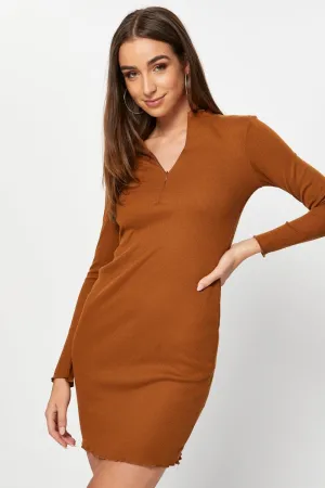 Brown Bodycon Dress Long Sleeve Mini Motion Core