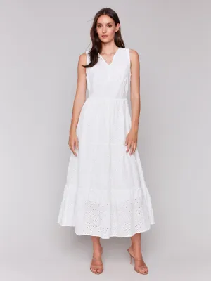 Elegant Dress Long Sleeveless Cotton Eyelet Dress - White