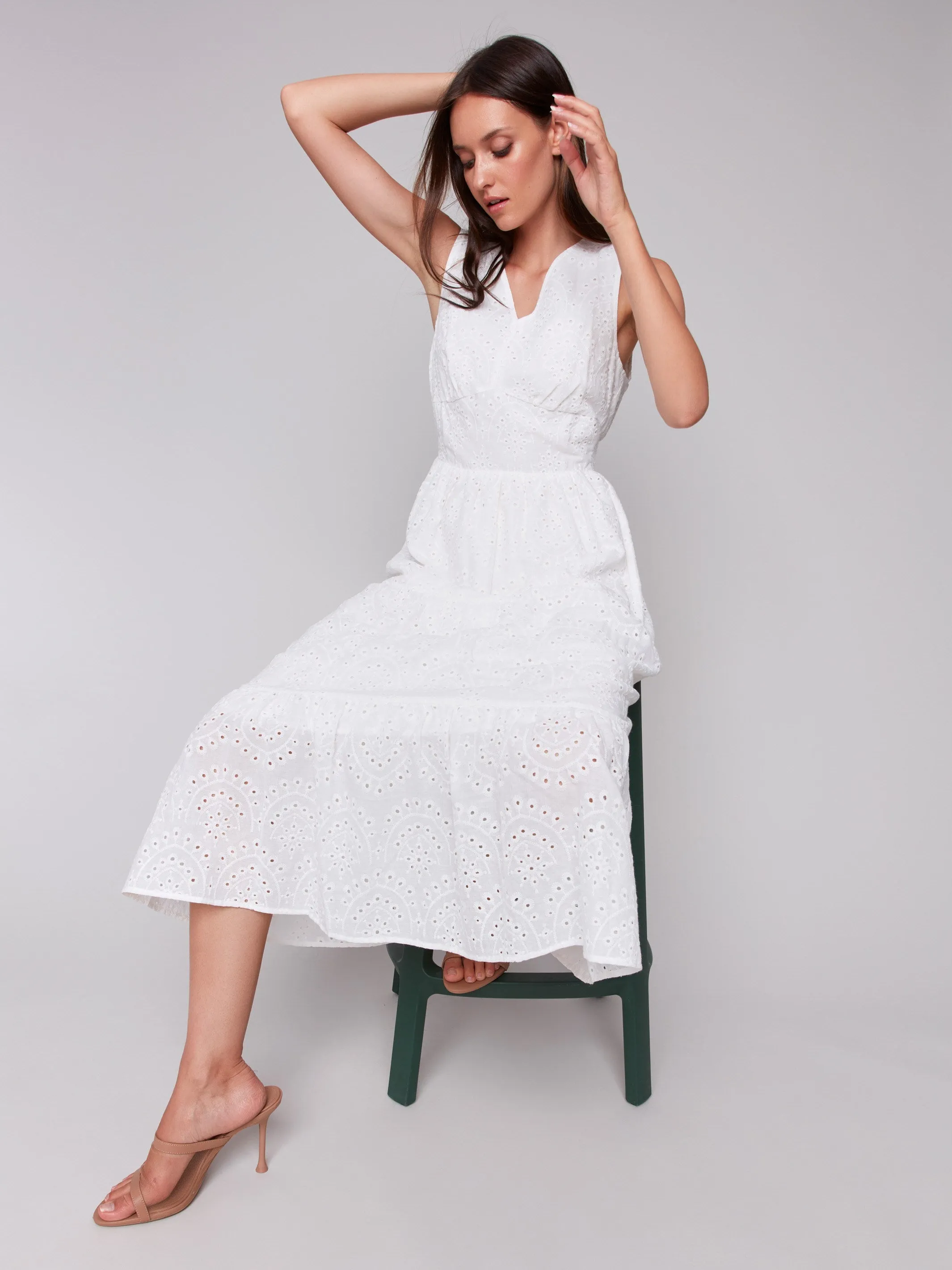 Sporty Design Storm Core Long Sleeveless Cotton Eyelet Dress - White