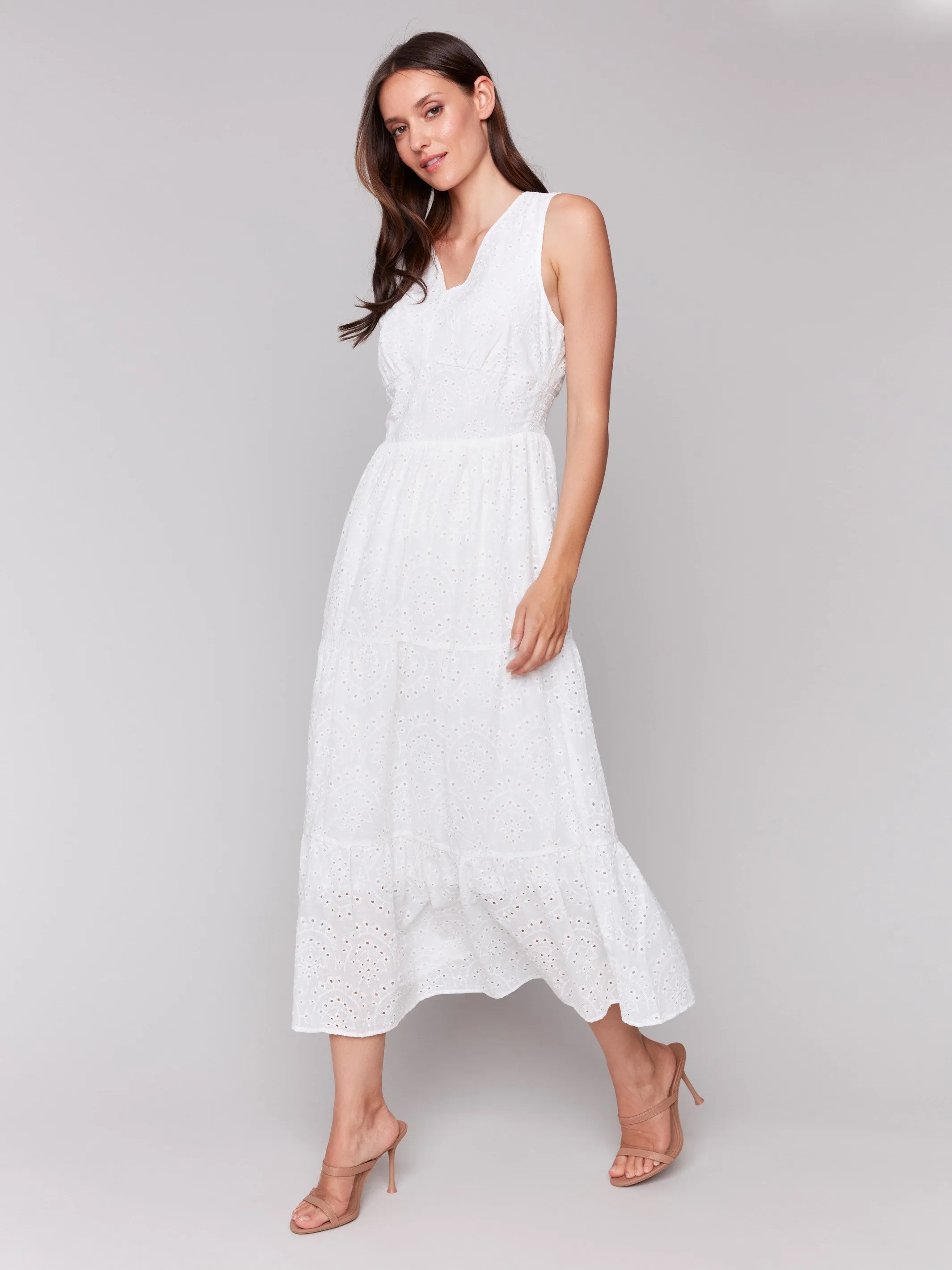 Durable Reinforced Edges Long Sleeveless Cotton Eyelet Dress - White