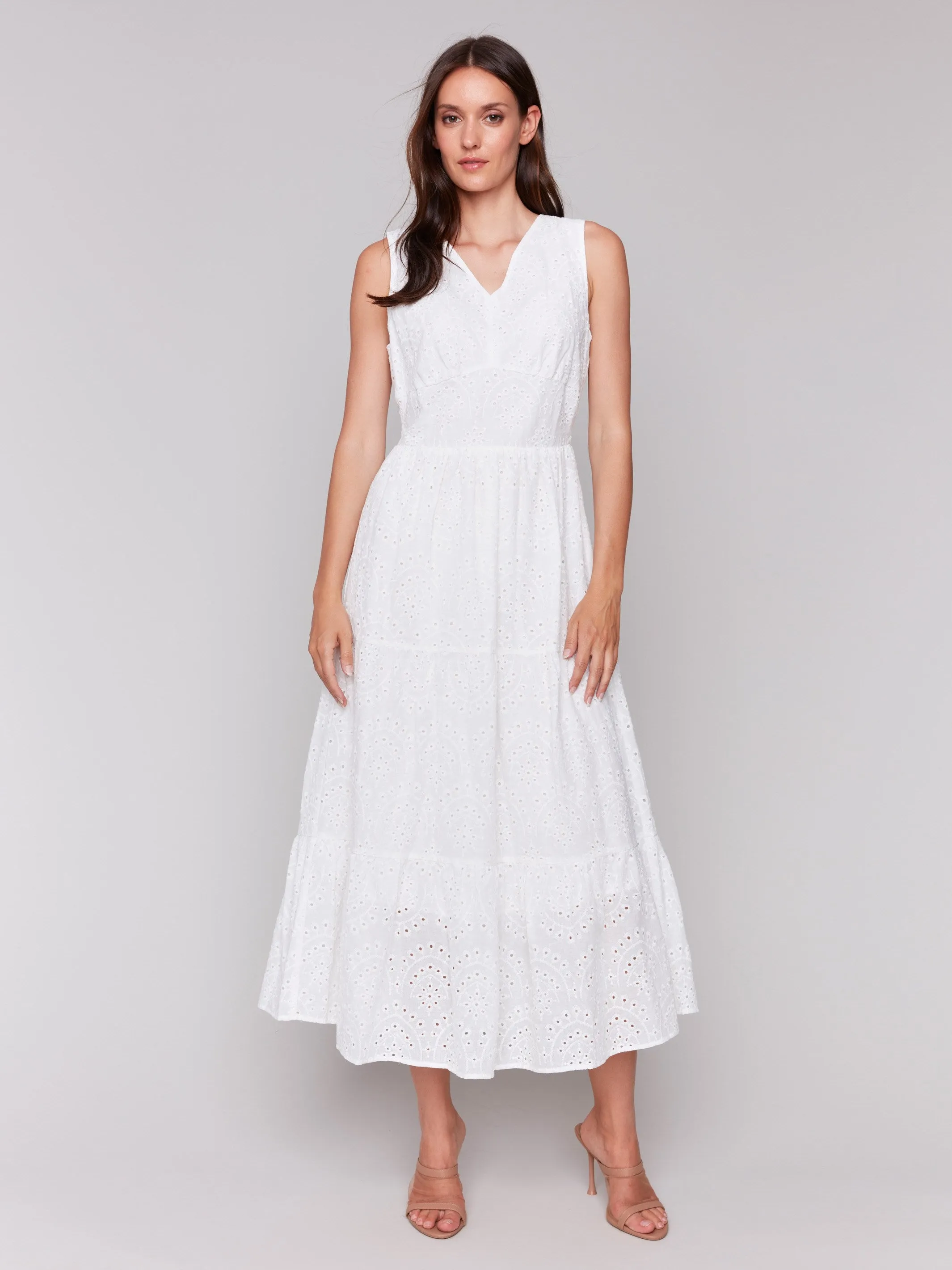Elegant Dress Long Sleeveless Cotton Eyelet Dress - White