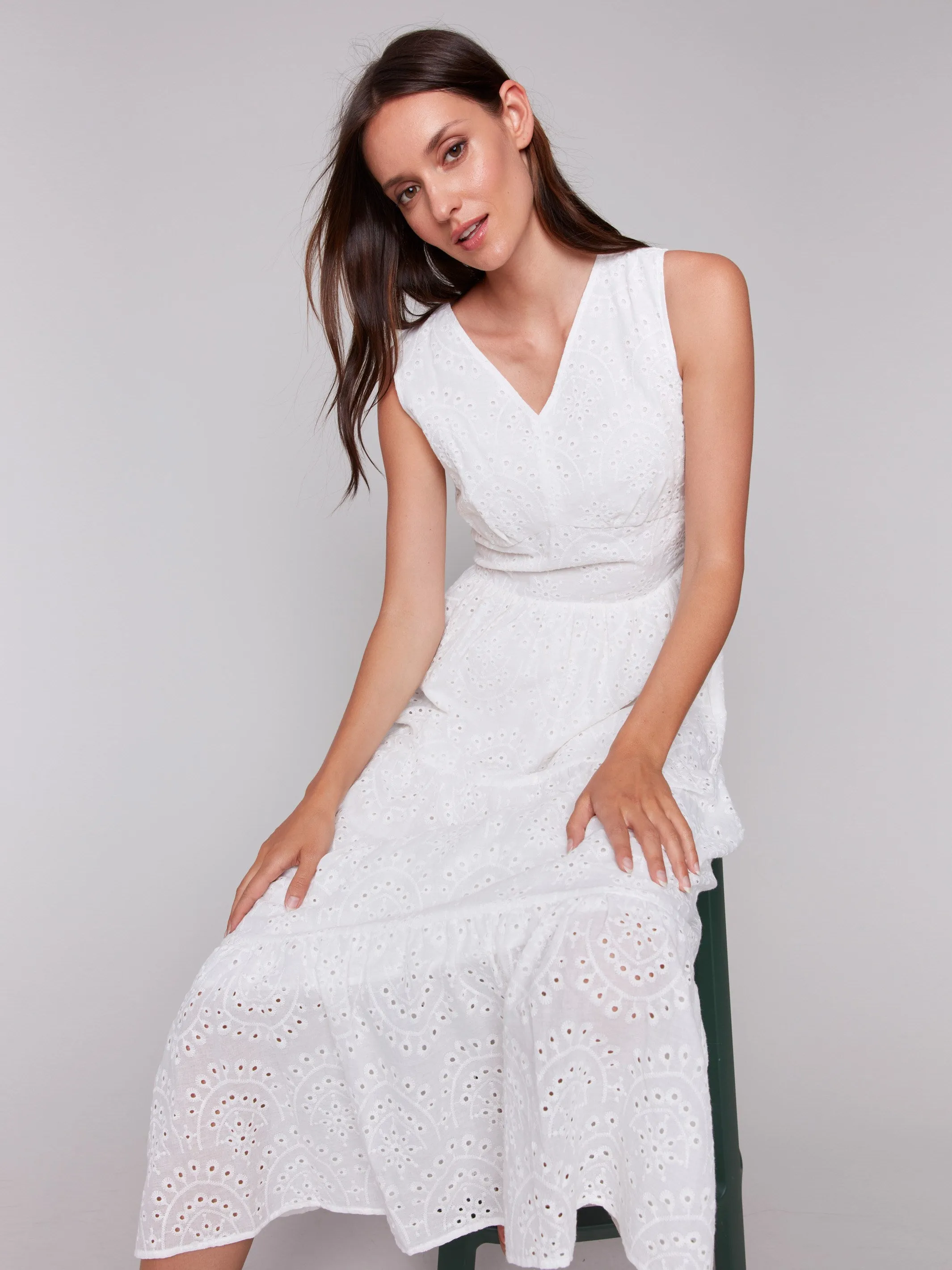Cyber Glow Long Sleeveless Cotton Eyelet Dress - White