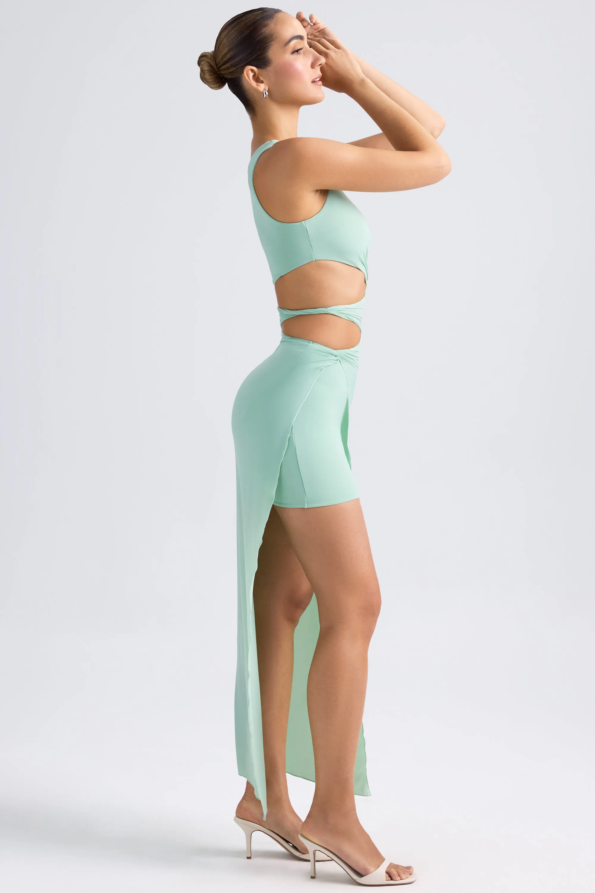 One-Shoulder Draped Cut-Out Maxi Dress in Pastel Green Gala Mood