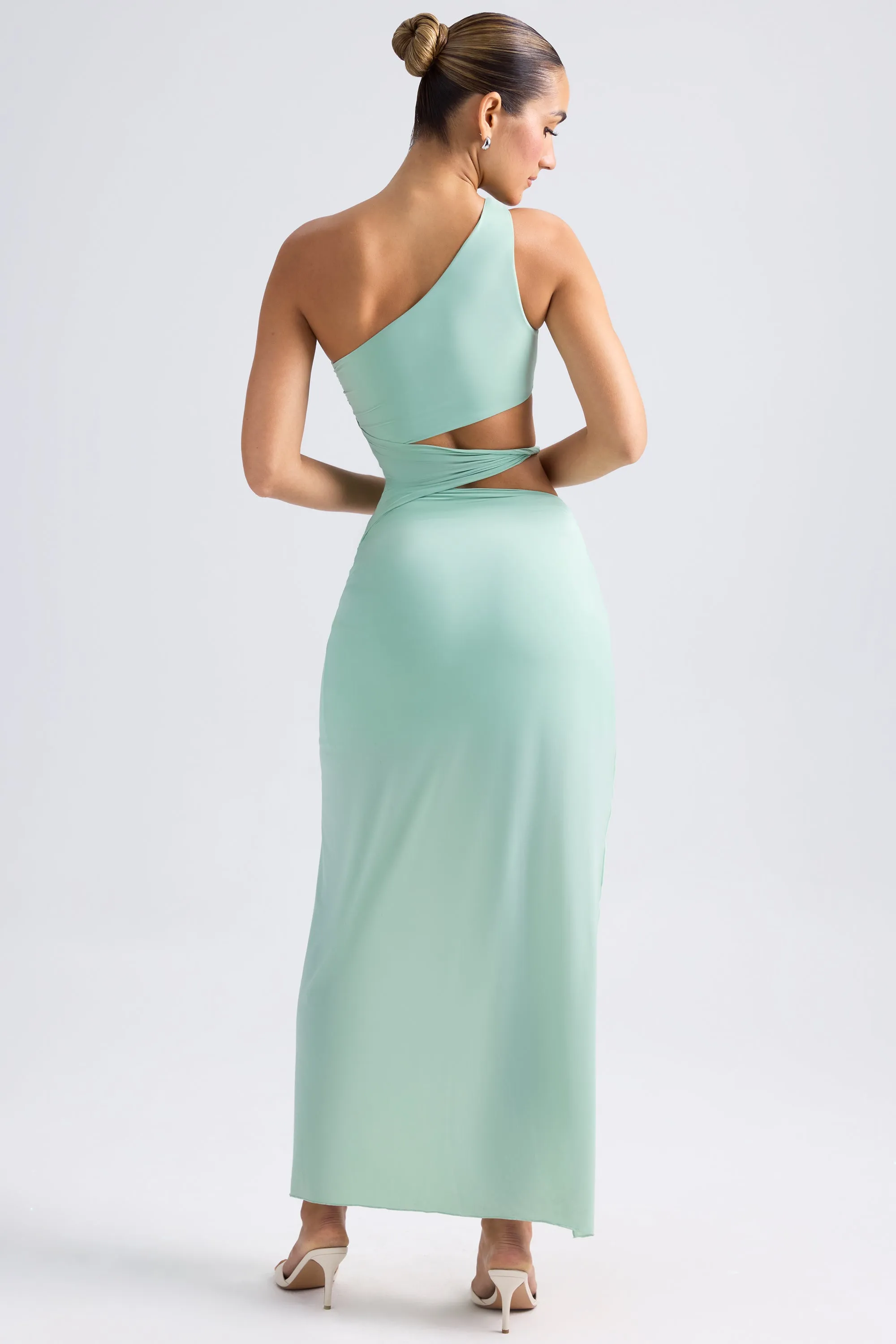Sand Beige One-Shoulder Draped Cut-Out Maxi Dress in Pastel Green