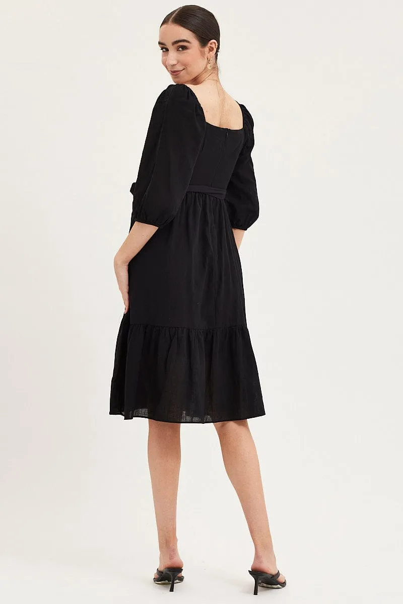 Black Dress Puff Sleeve Maxi Wild Flower