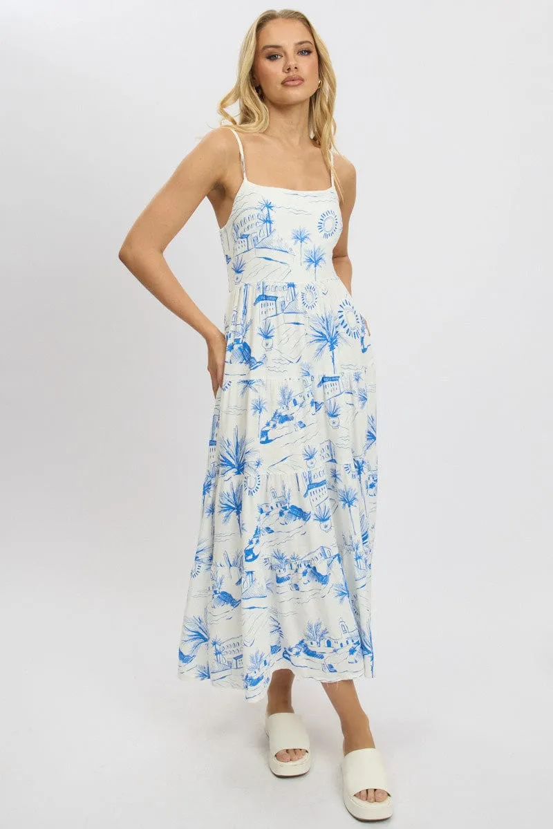 Sunrise Glow Blue Abstract Maxi Dress Tiered Strappy