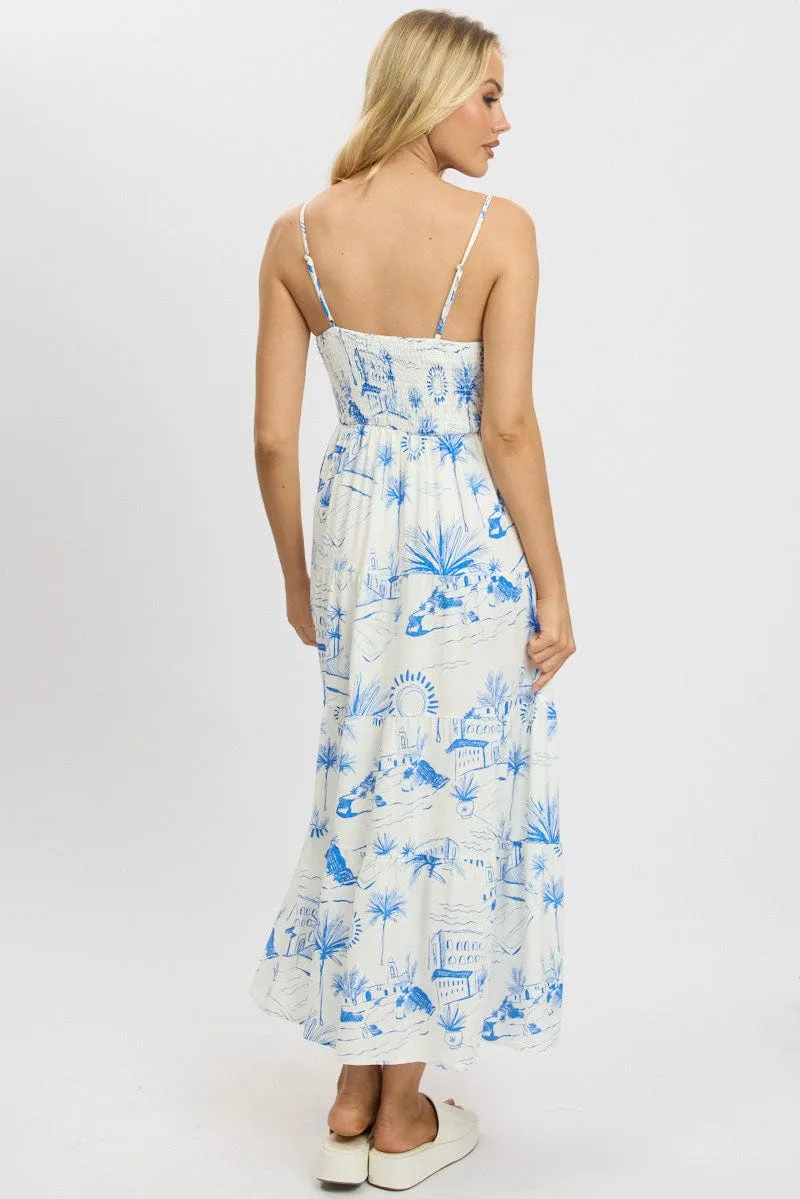 Tassel Glow Frill Edge Blue Abstract Maxi Dress Tiered Strappy