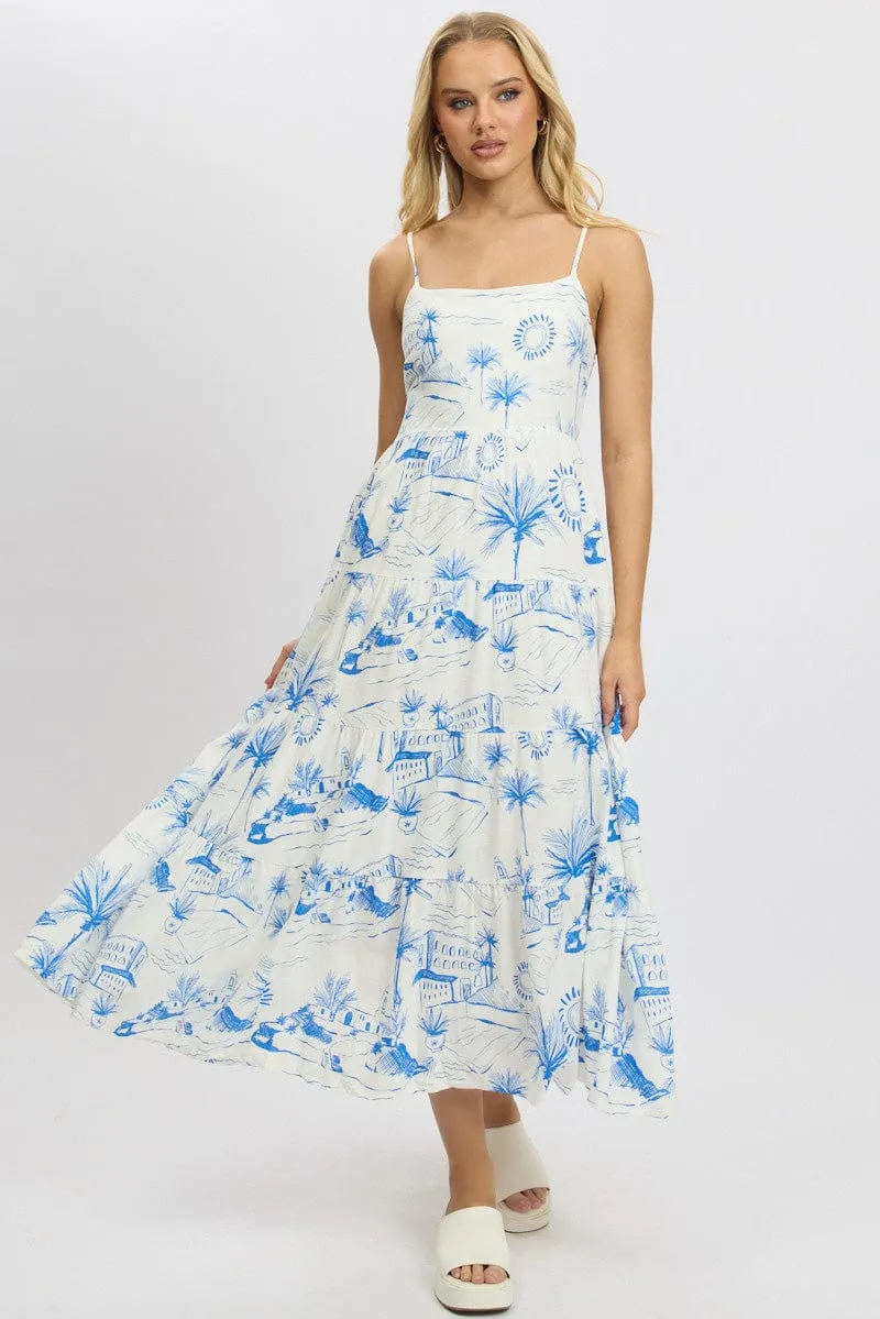 Blue Abstract Maxi Dress Tiered Strappy Cross Stitch White Pure