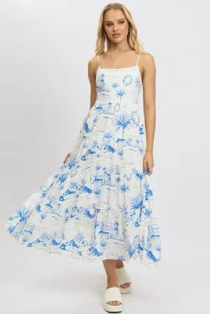 Blue Abstract Maxi Dress Tiered Strappy Cross Stitch White Pure