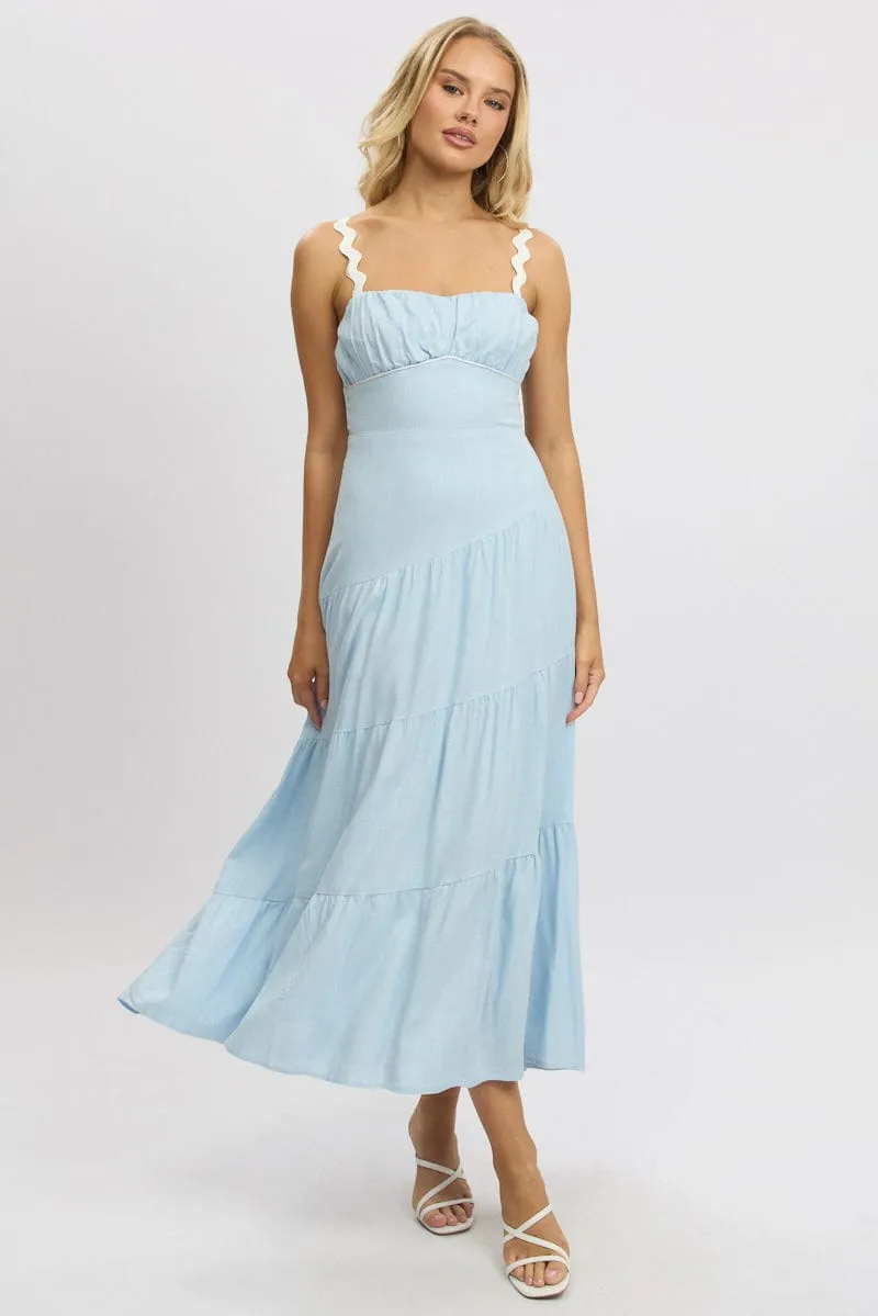 Blue Maxi Dress Tiered Ric Rac Brick Glow Cool Air