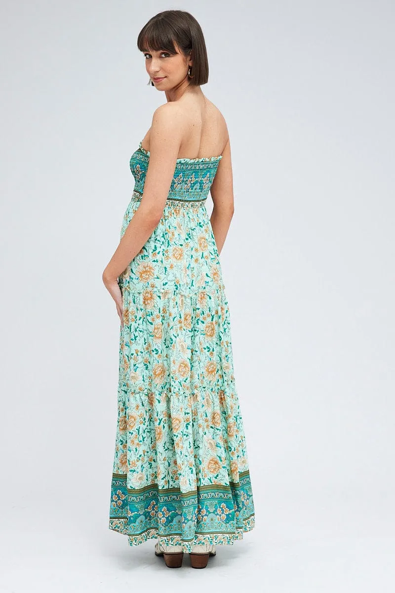 Boho Print Maxi Dress Bandeau Sun Dress Front Button