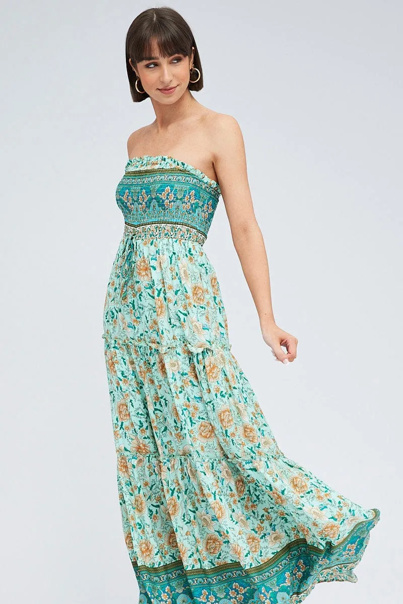 Quiet Shore Dinner Date Boho Print Maxi Dress Bandeau Sun Dress