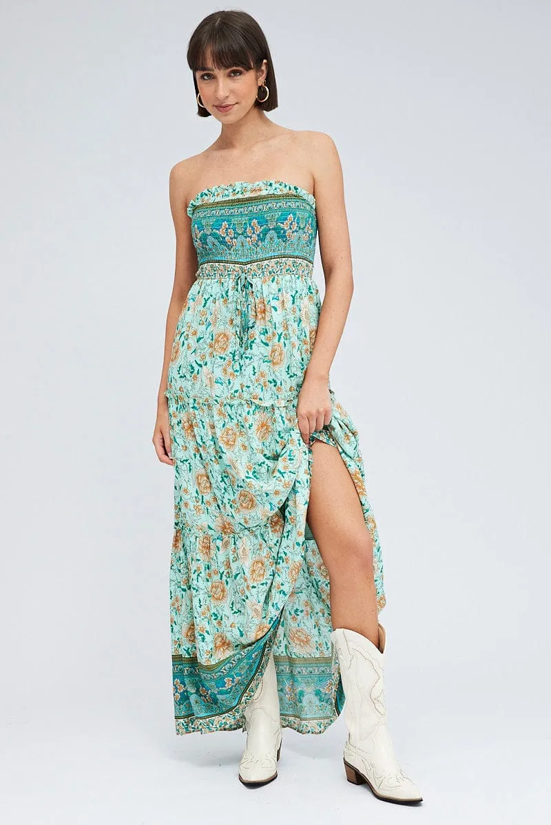 Boho Print Maxi Dress Bandeau Sun Dress Olive Grove Garden Lane