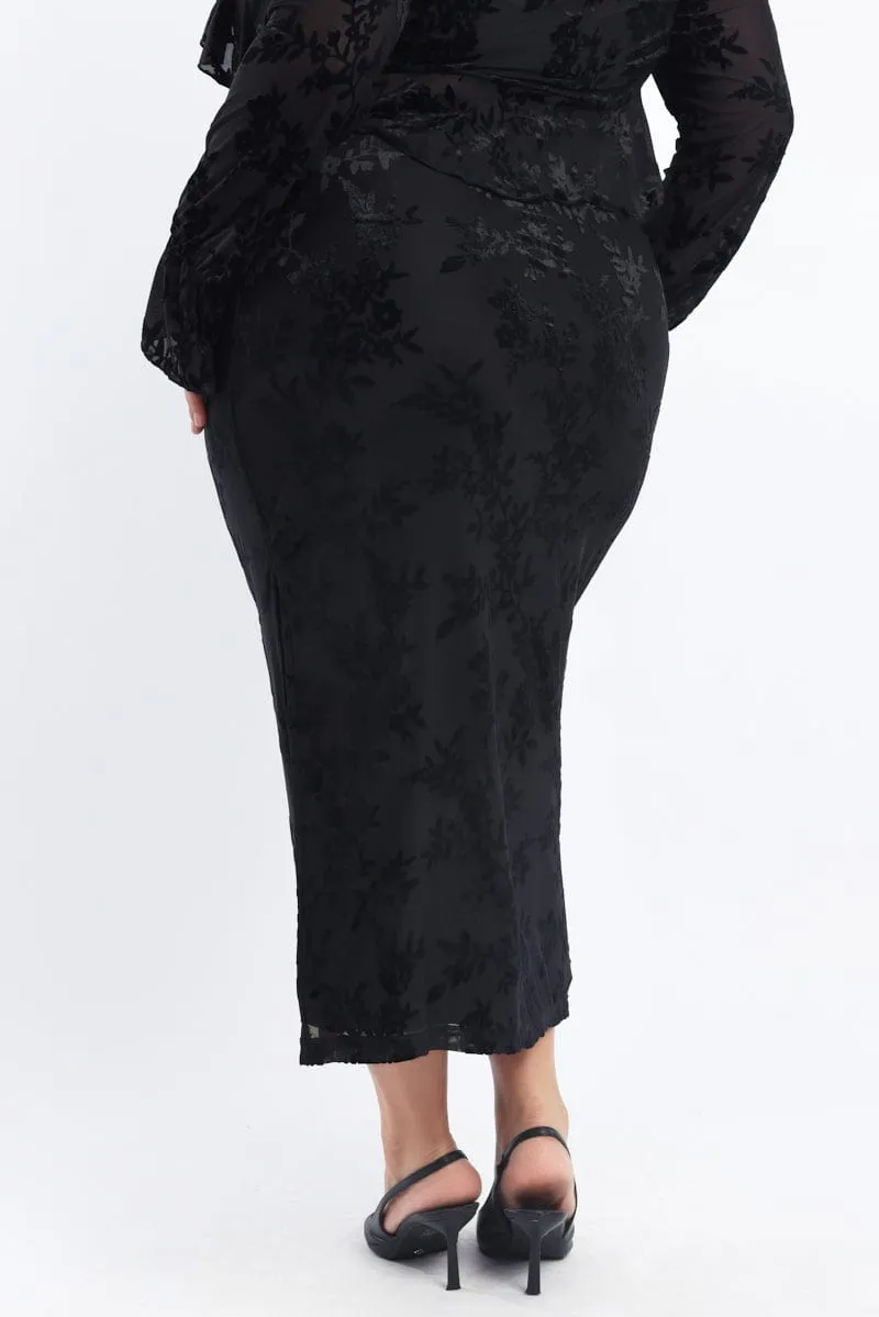 Shirred Back Creative Look Black Stretch Burnout Bodycon Midi Skirt
