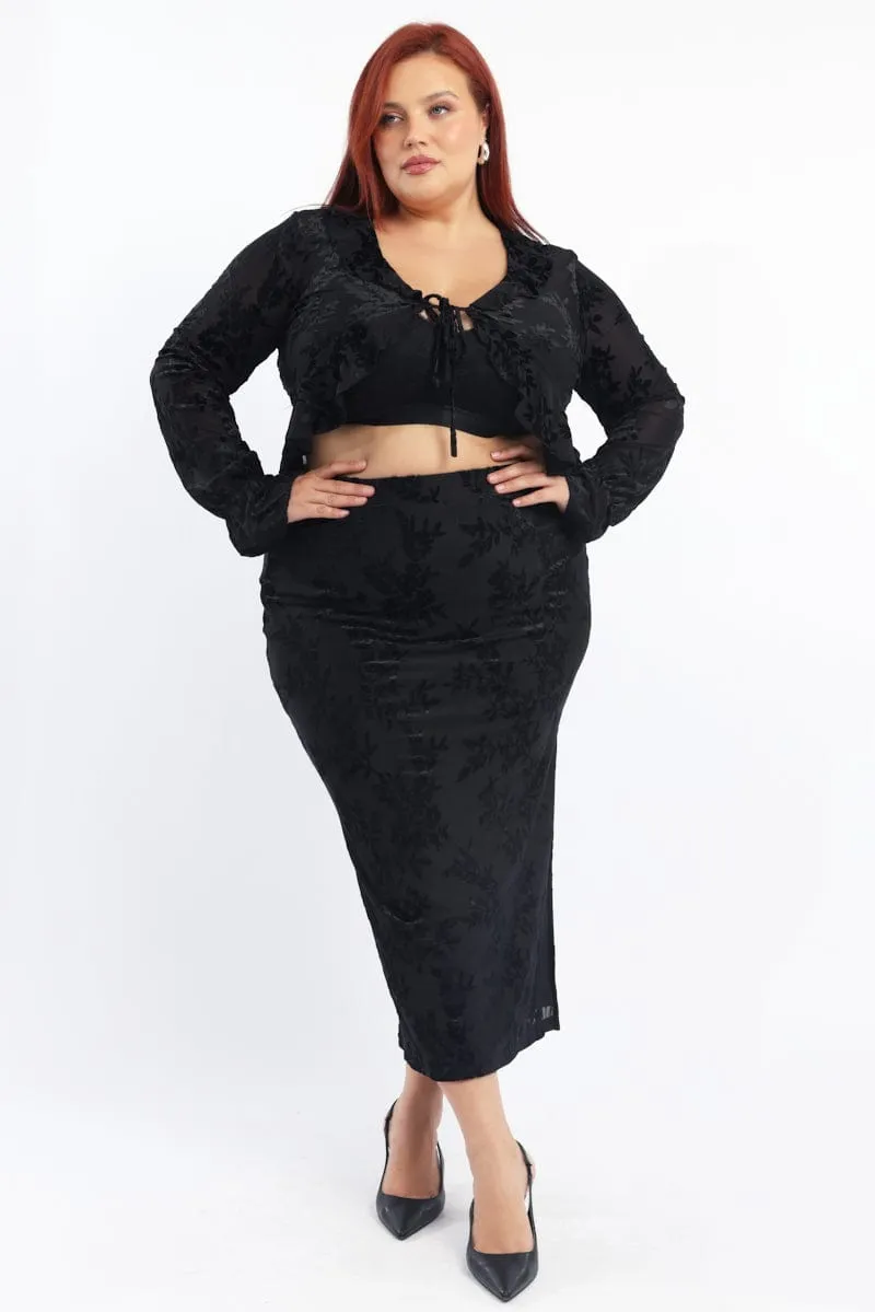 Modern Wardrobe Cuffed hem Black Stretch Burnout Bodycon Midi Skirt