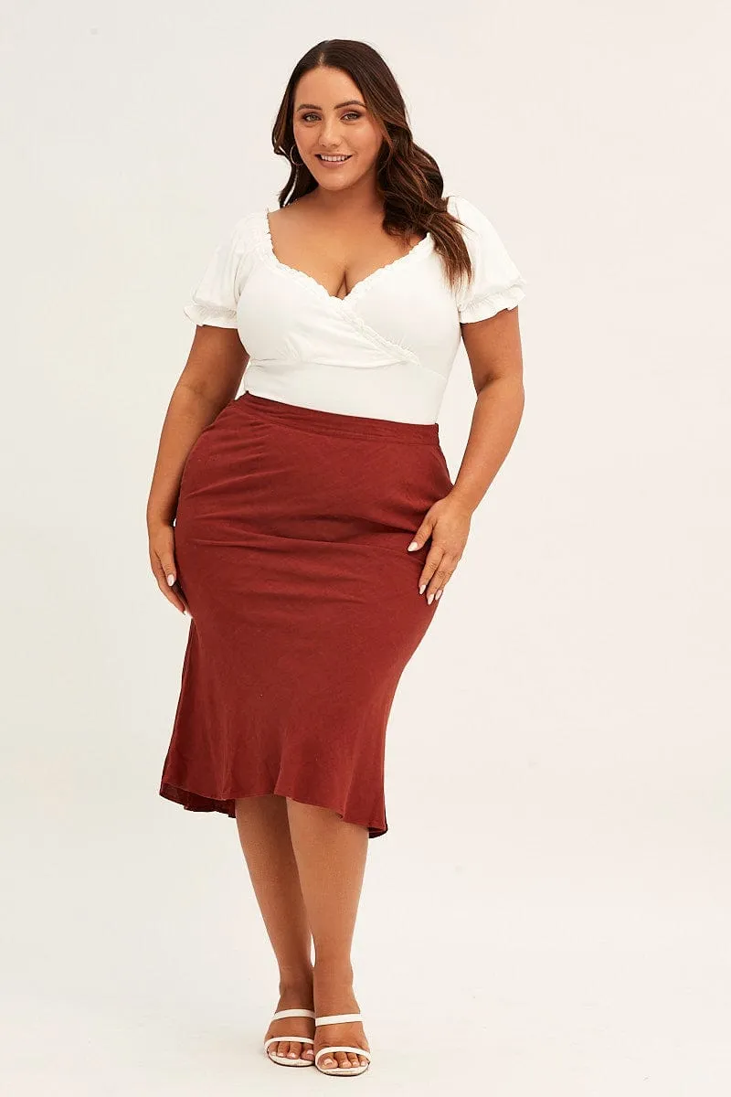 Lightwear Look Ankle length Orange Elastic Waist Bias Terracotta Linen Blend Skirt