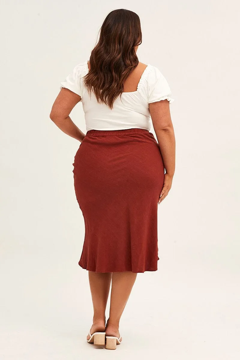 Orange Elastic Waist Bias Terracotta Linen Blend Skirt Crochet Style
