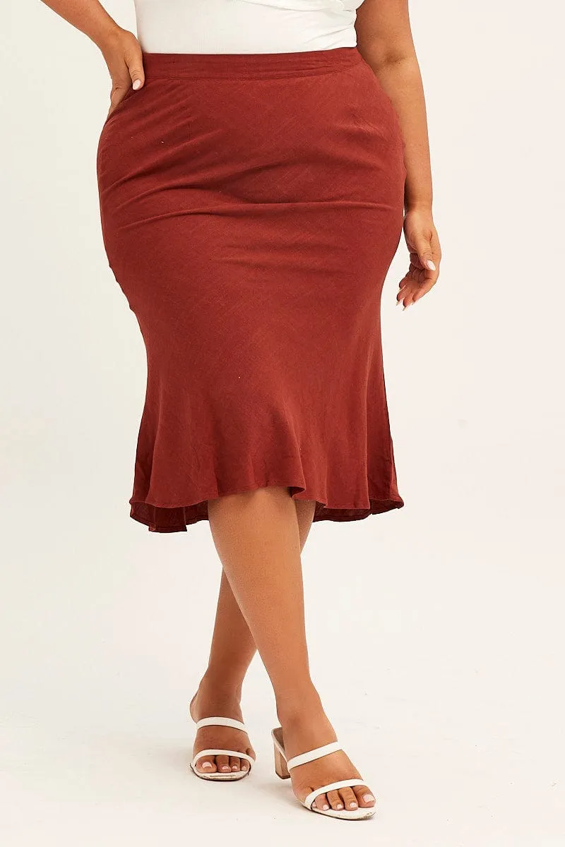 Back Slit Front Slit Orange Elastic Waist Bias Terracotta Linen Blend Skirt