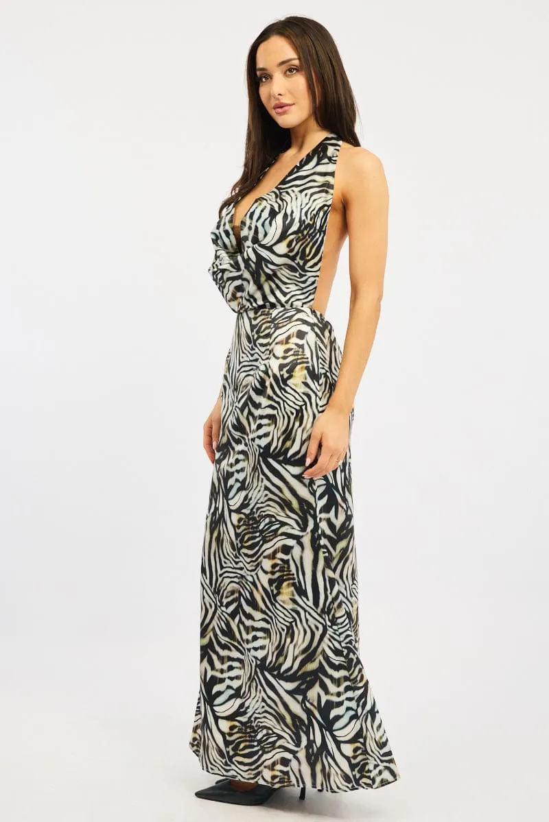 Rock Shore Knot Glow Black Animal Print Cowl Neck Maxi Dress