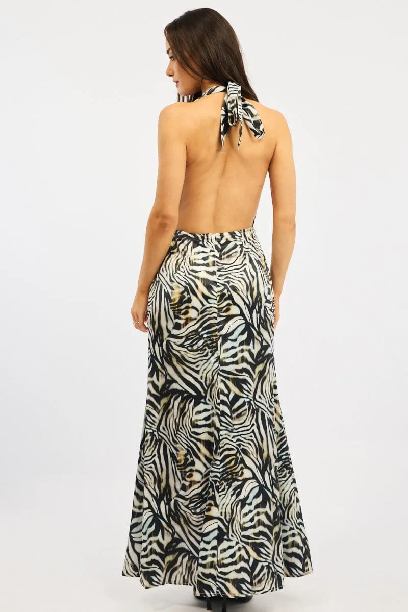 Sailing Day Fashion-forward long piece Black Animal Print Cowl Neck Maxi Dress