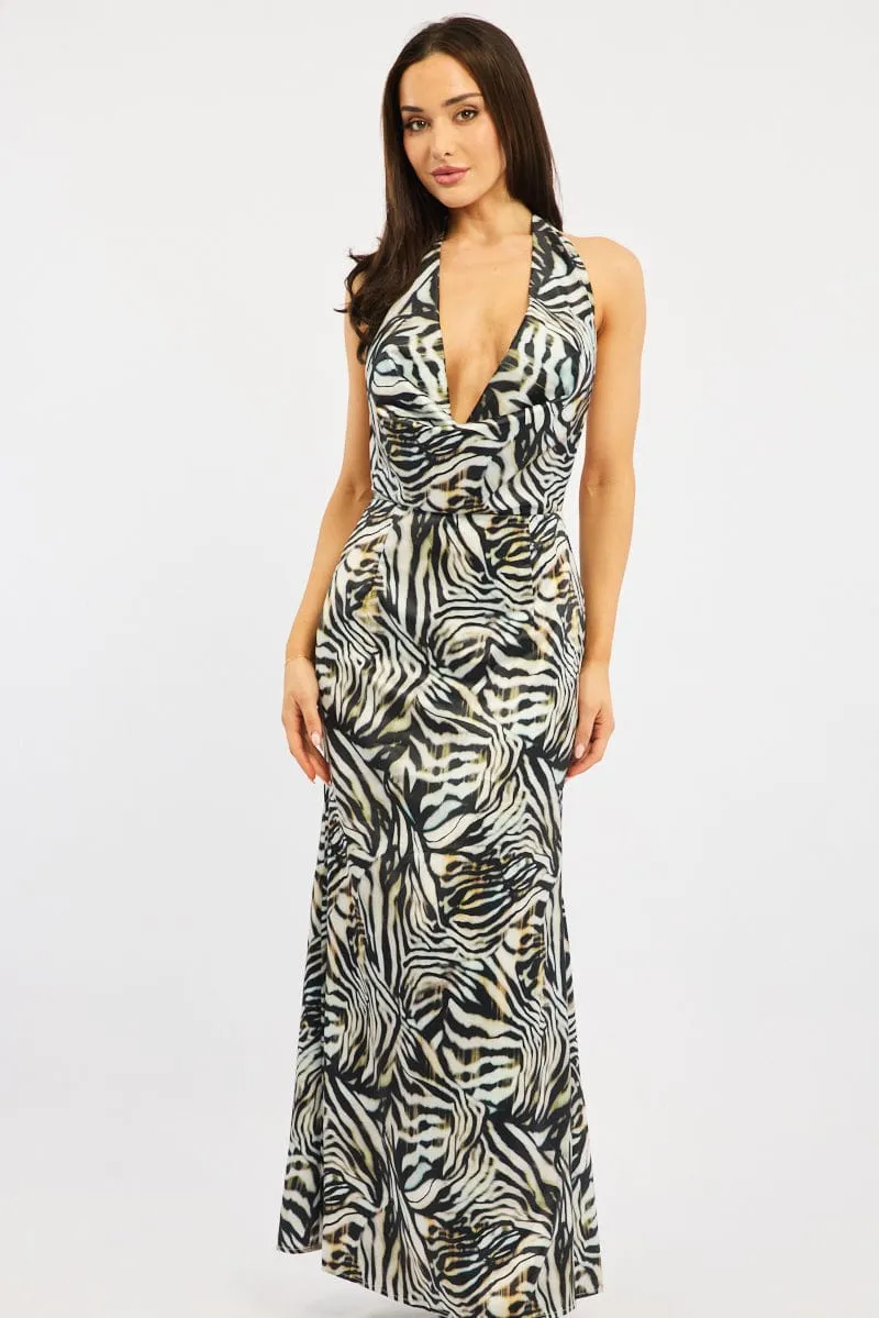 Bamboo Shade color block Black Animal Print Cowl Neck Maxi Dress