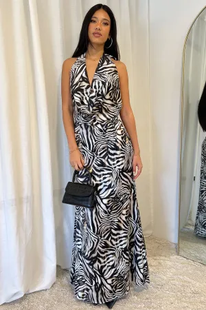 Festival Glow Black Animal Print Cowl Neck Maxi Dress