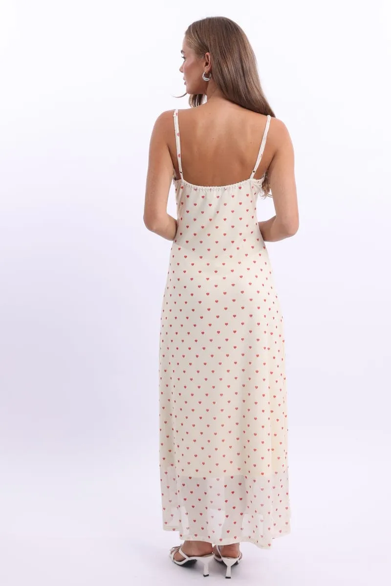 White Print Maxi Dress Lace Satin Tape Fog Veil