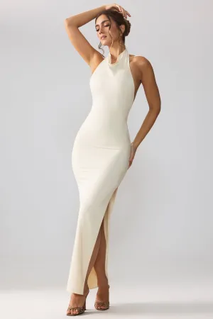 Premium Jersey Cowl Neck Backless Maxi Dress in Ivory Opal Shine