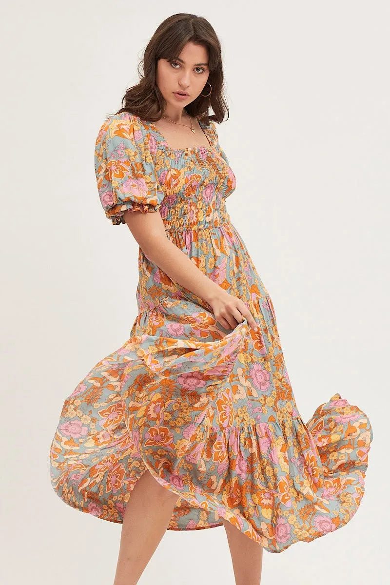 Print Maxi Dress Short Sleeve Sunset Glow