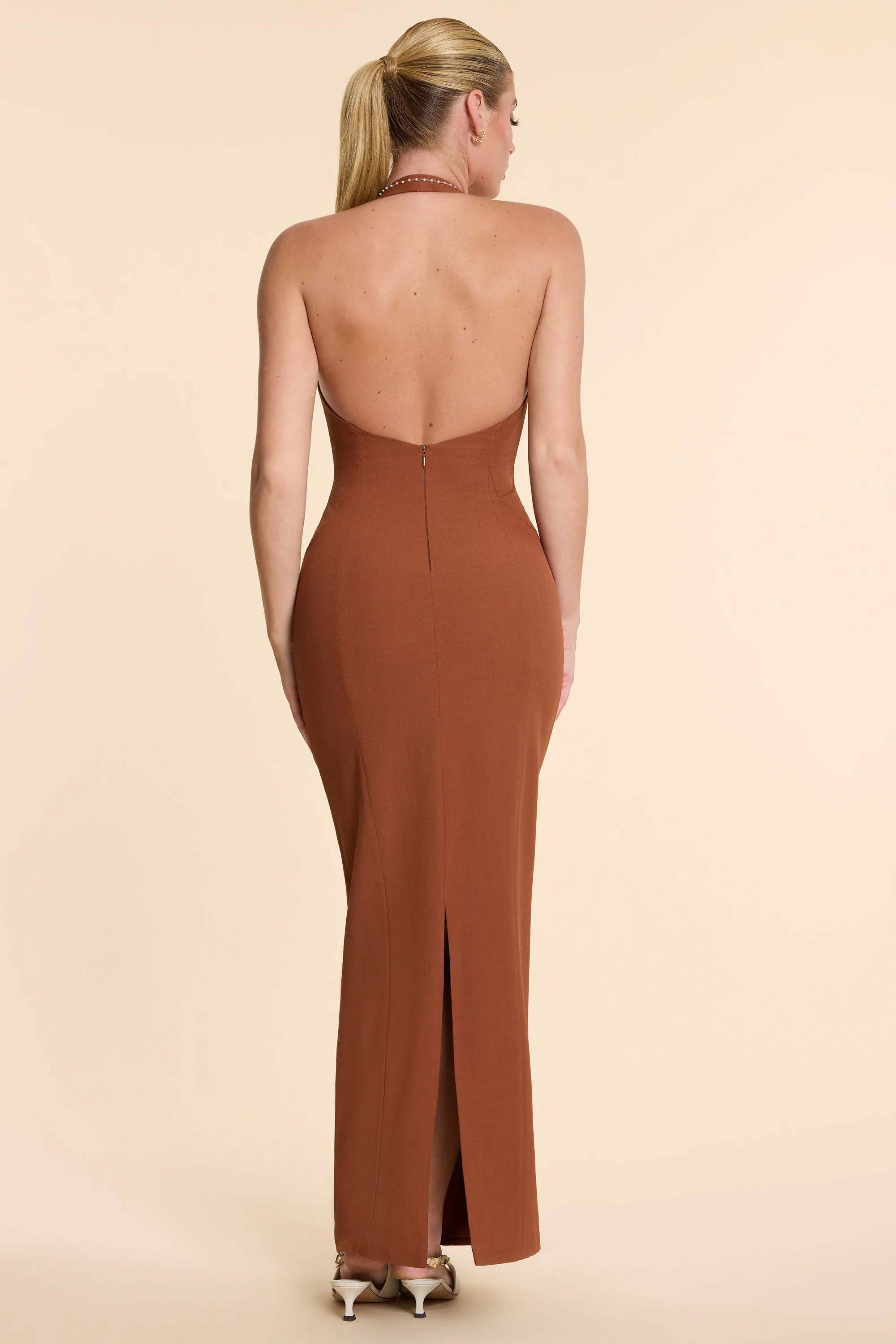 Breezy formal outfit With its flowy design this dress drapes beautifully for a sophisticated look Woven Twill Halter Neck Plunge Maxi Dress in Chestnut Brown