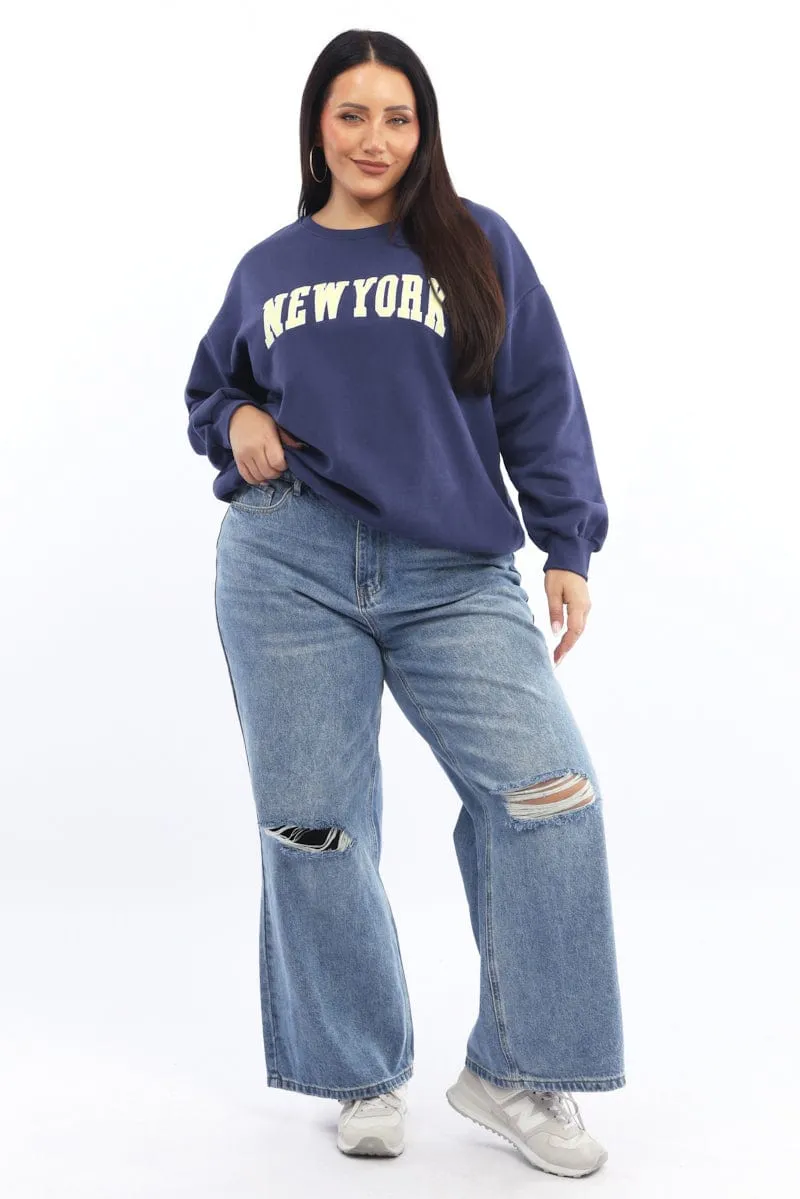 Unisex style Blue Sweatshirt Long Sleeve Crew Neck