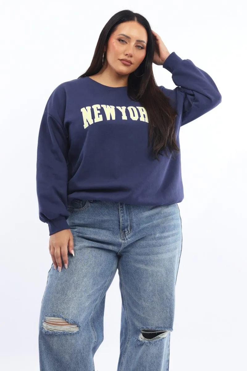 Business casual Blue Sweatshirt Long Sleeve Crew Neck