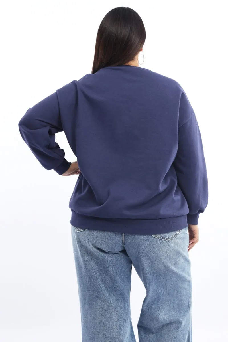 Blue Sweatshirt Long Sleeve Crew Neck Adjustable Hood