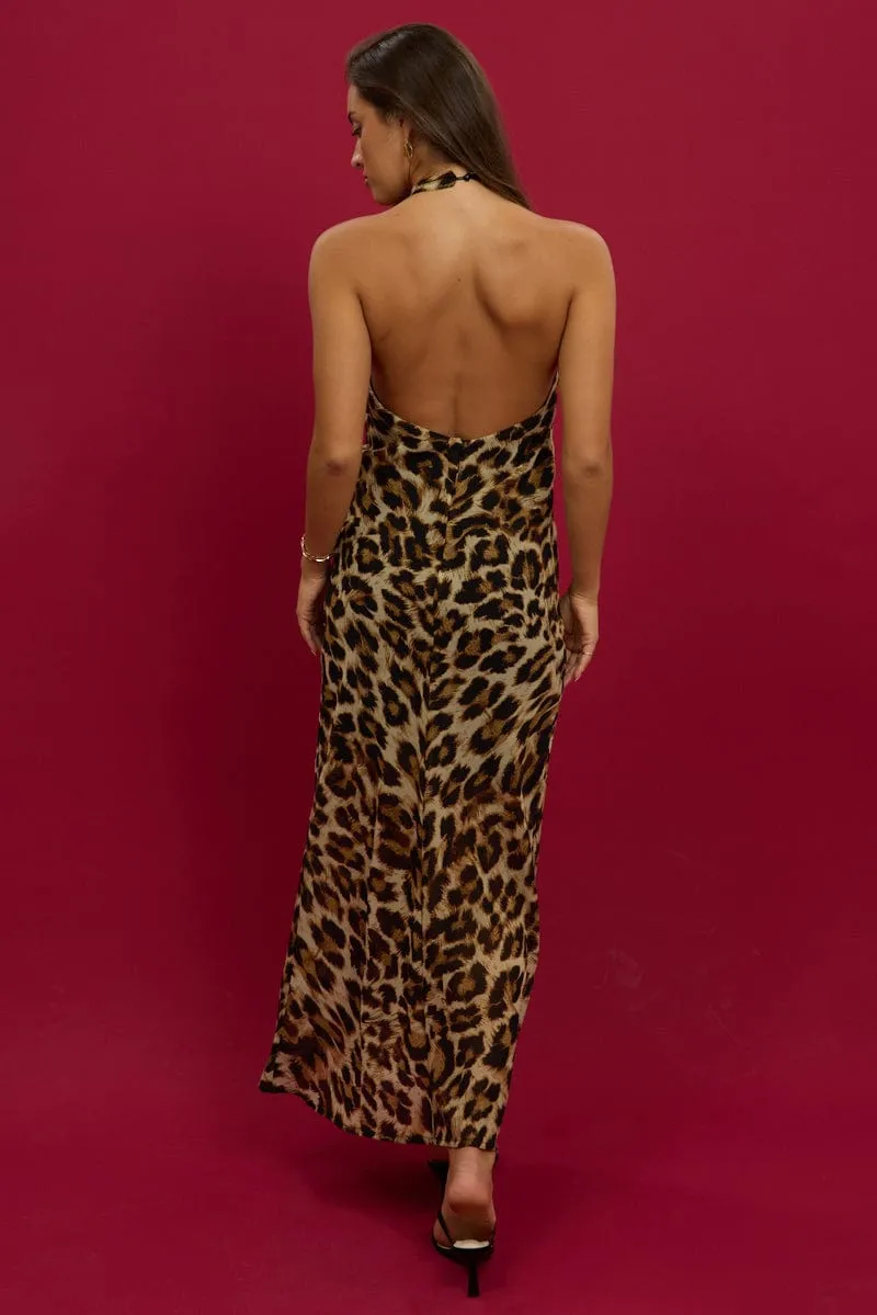 Flame Glow Calm Air Brown Animal Print Maxi Dress Cowl Neck