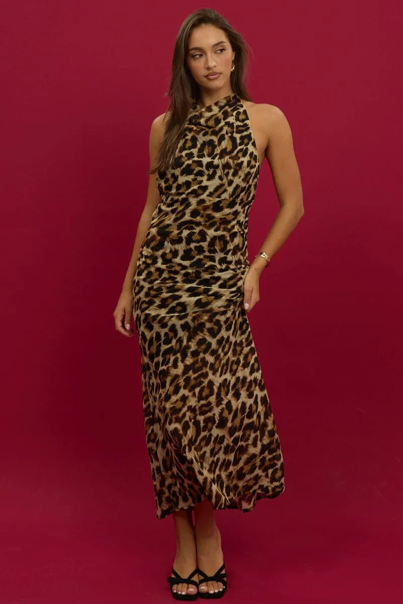 Silver Shine This maxi dress combines a relaxed fit with an elegant look for a versatile wardrobe piece Brown Animal Print Maxi Dress Cowl Neck