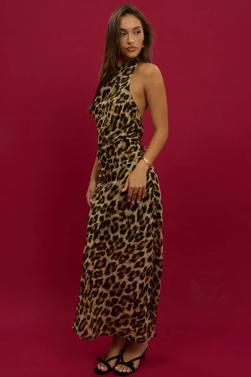 Brown Animal Print Maxi Dress Cowl Neck Brick Glow