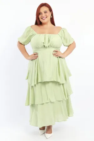 Sophisticated mid-calf gown Green Layered Maxi Dress Short Sleeve
