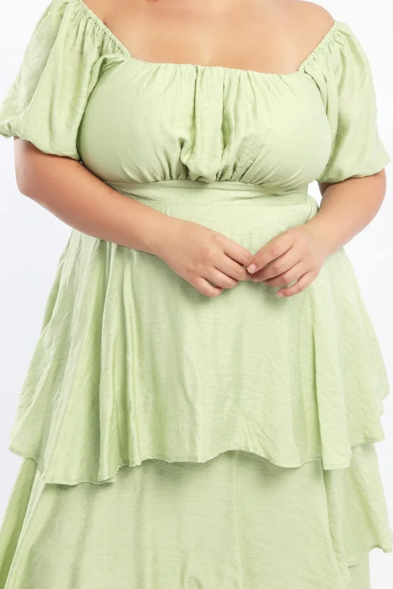 Green Layered Maxi Dress Short Sleeve Smart Layer Trendy Wear