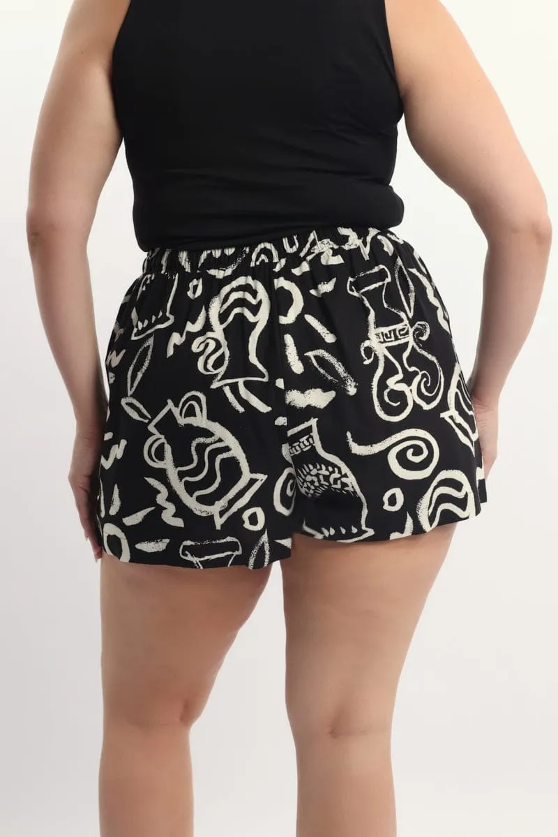 Self Love Black Abstract Elastic Waist Linen Blend Shorts