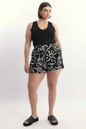 StretchWaistband Black Abstract Elastic Waist Linen Blend Shorts