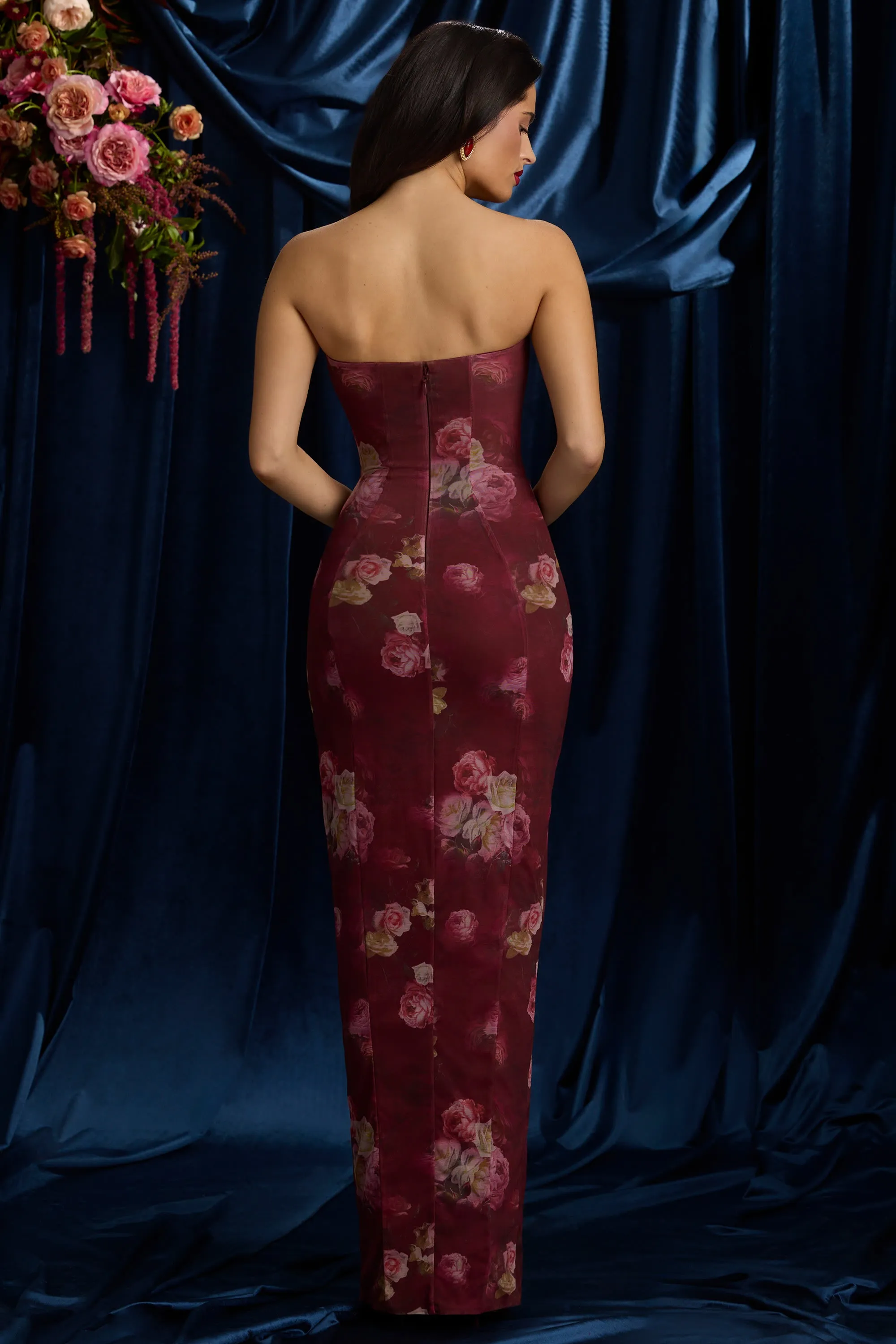 Chambray Light Golden Sand Bandeau Cowl-Neck Maxi Dress in Maroon Floral Print