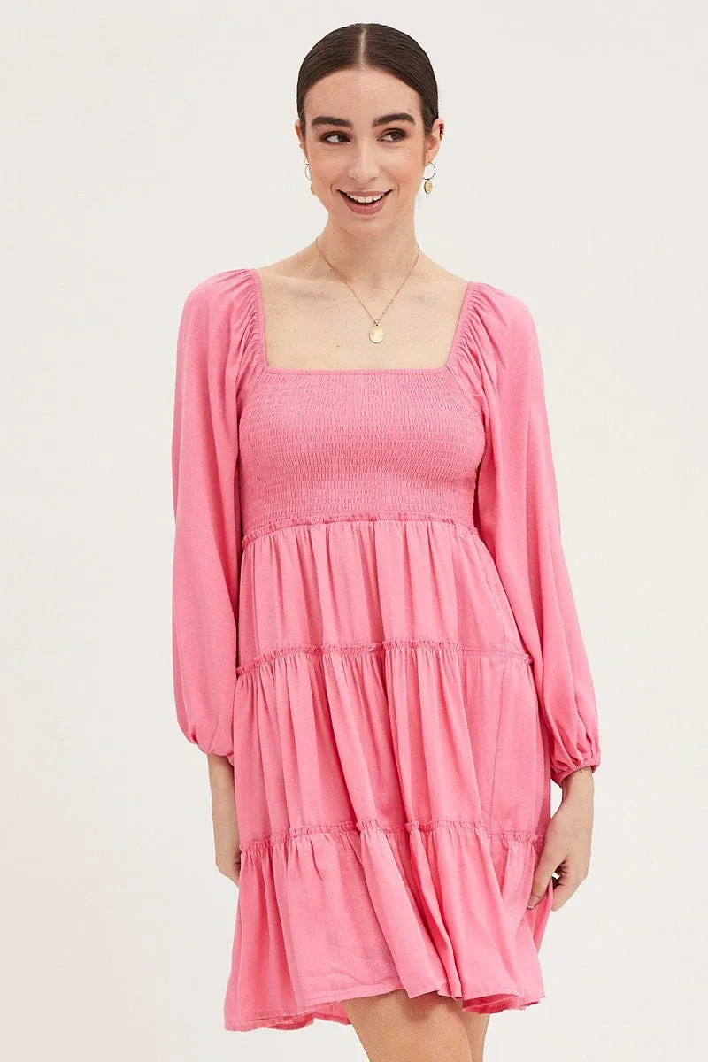 Slim Fit Jeans Craft Core Pink Fit And Flare Dress Long Sleeve Square Neck