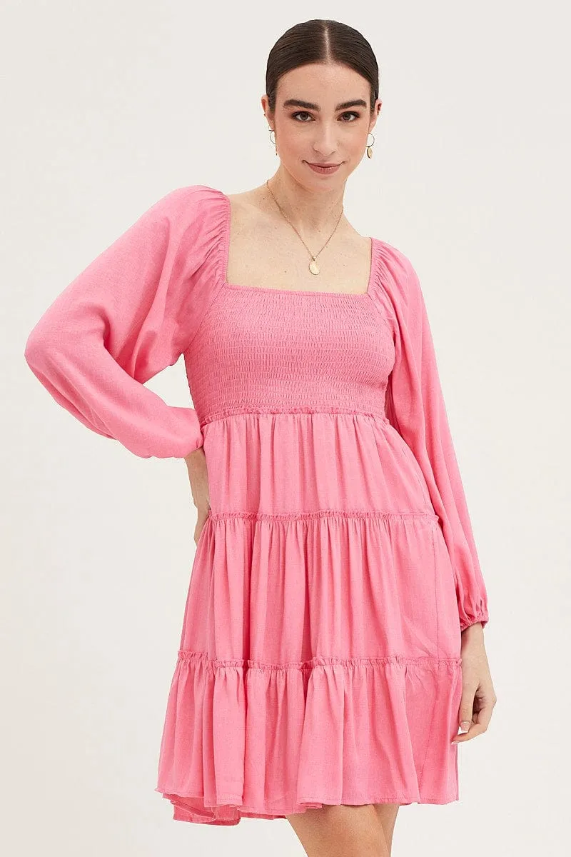Sporty Gear Pink Fit And Flare Dress Long Sleeve Square Neck