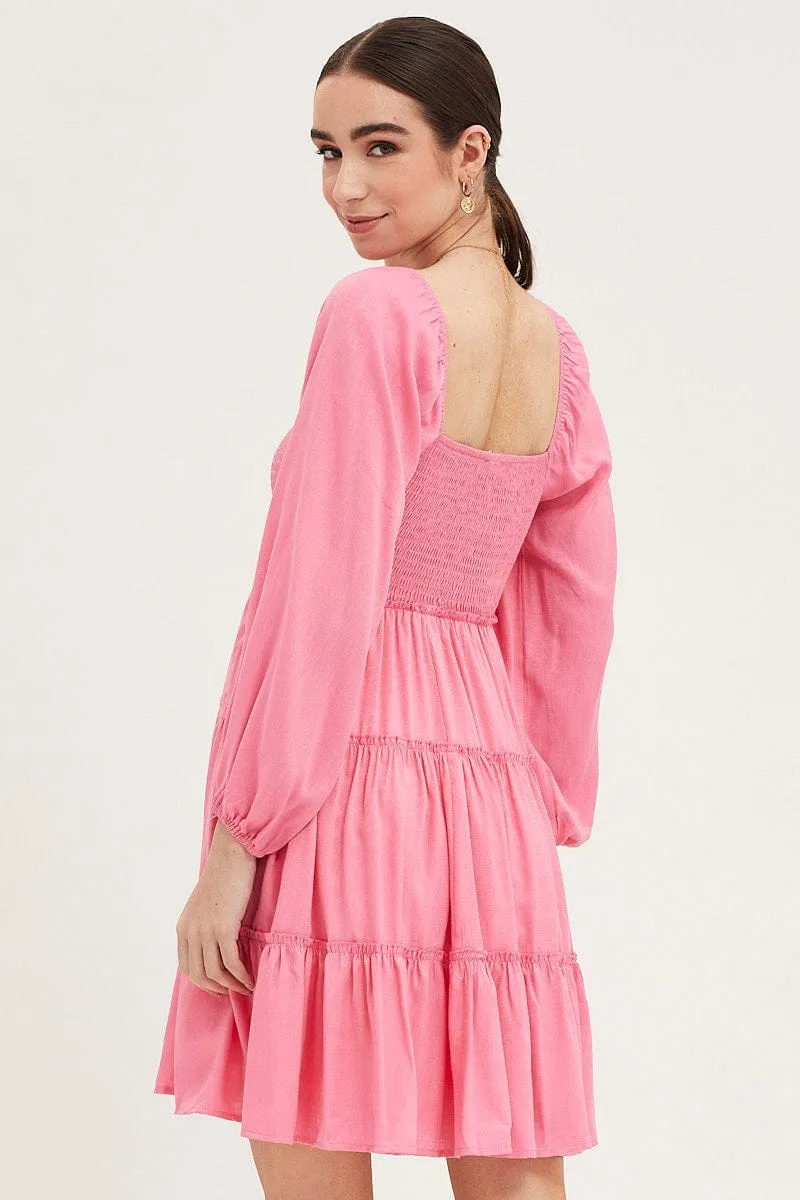 All-Occasion Pink Fit And Flare Dress Long Sleeve Square Neck