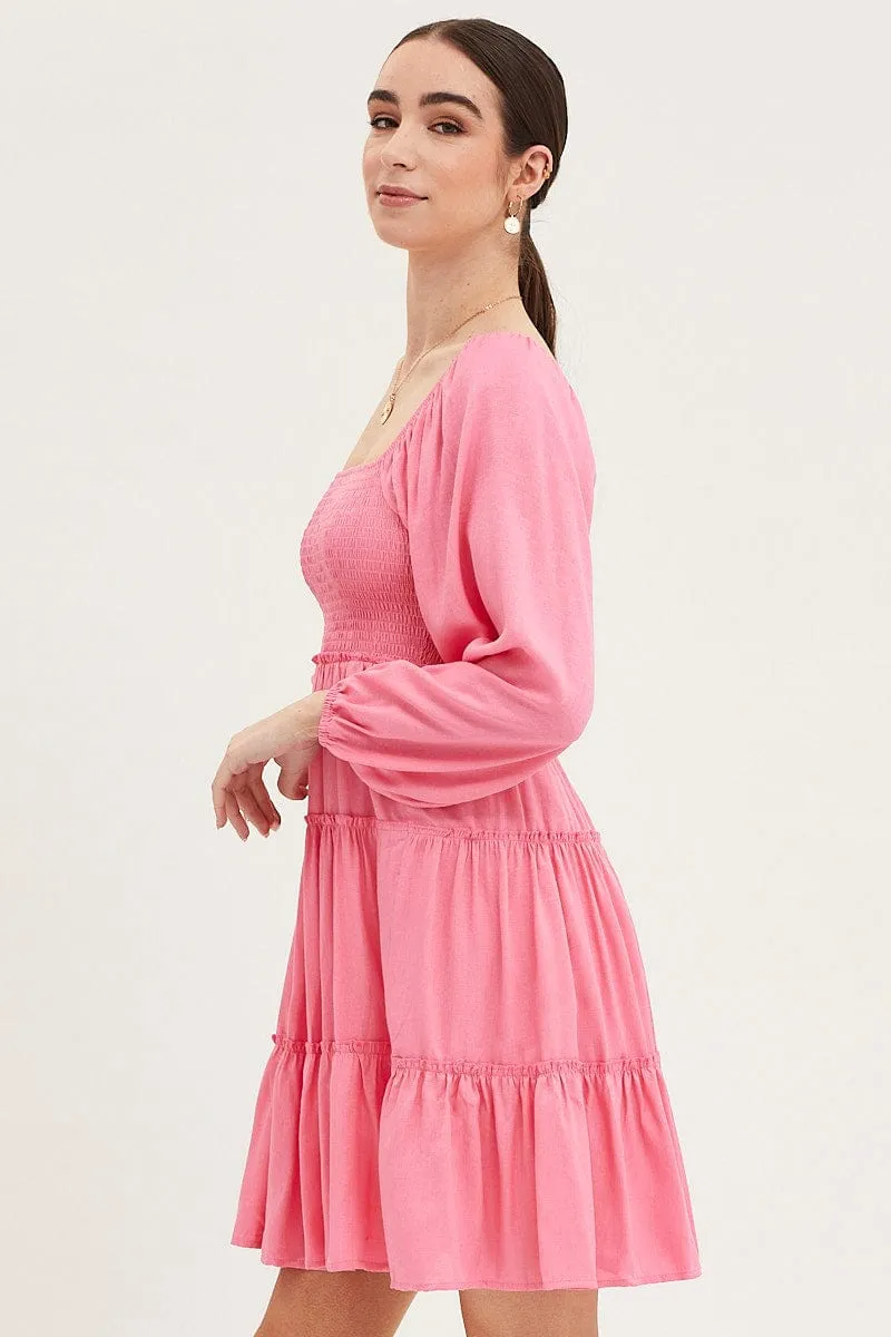 Pink Fit And Flare Dress Long Sleeve Square Neck Wind Glow