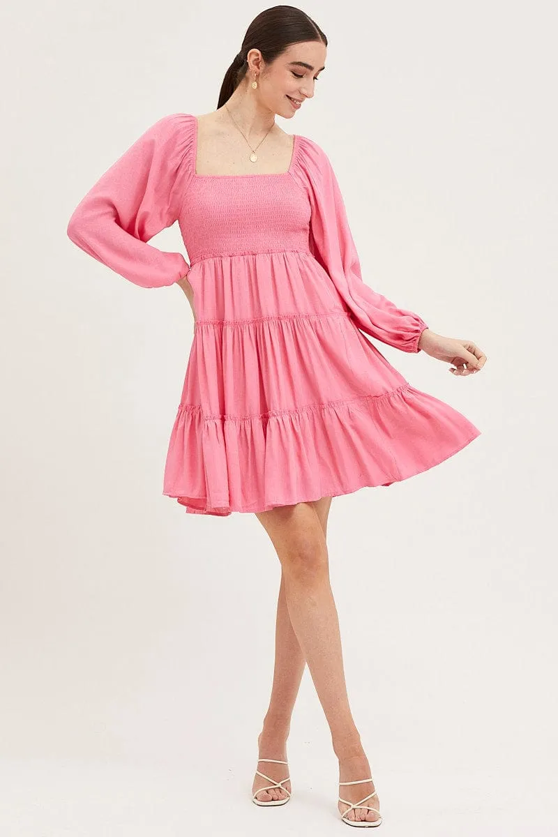 Pink Fit And Flare Dress Long Sleeve Square Neck UVProtectionFabric Adjustable Waistbands